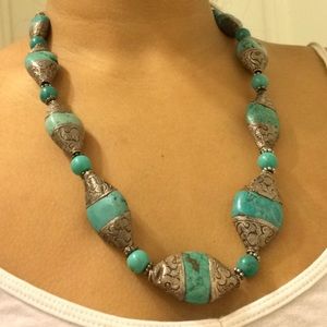 Silver Turquoise Necklace Hand Curved